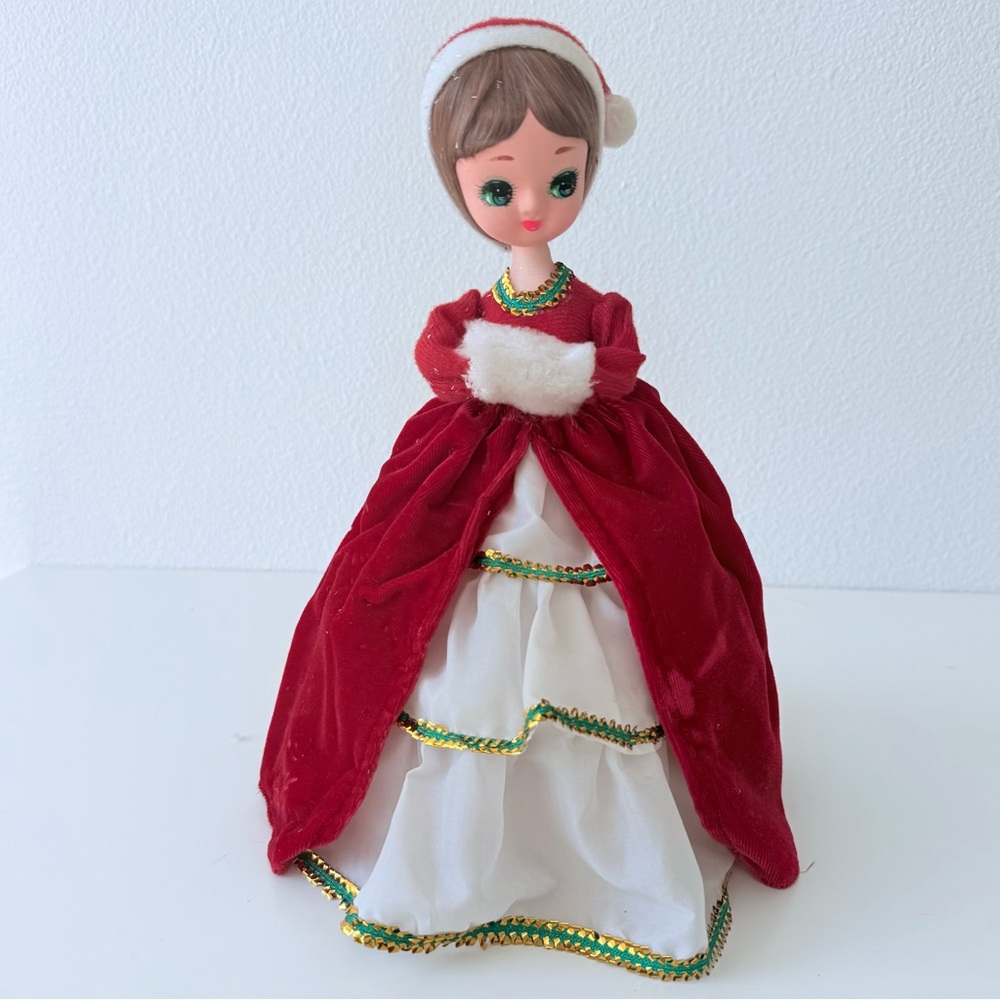 VTG 1960s Bradley Style Big Eye Christmas Doll Tree Topper Santa Hat Red Velvet